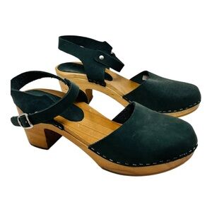 Bjork Swedish comfort Margareta wood, clog, sandals, oiled leather green